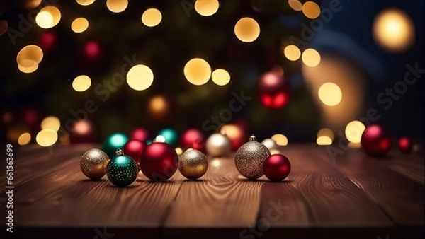 Fototapeta Festive christmas background. Empty Wood table top wit christmas baubles, balls and hanging decoration