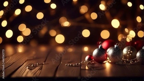 Fototapeta Festive christmas background. Empty Wood table top wit christmas baubles, balls and hanging decoration