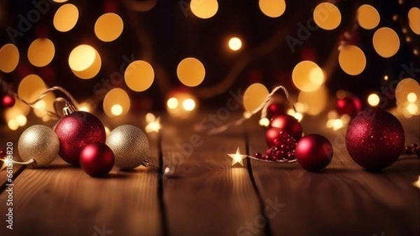 Fototapeta Festive christmas background. Empty Wood table top wit christmas baubles, balls and hanging decoration