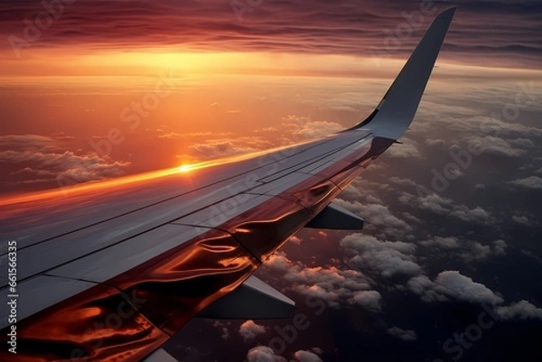 Obraz Wing of an airplane flying above the clouds at sunset