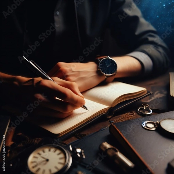 Fototapeta A man is writing in a notebook on a wooden desk