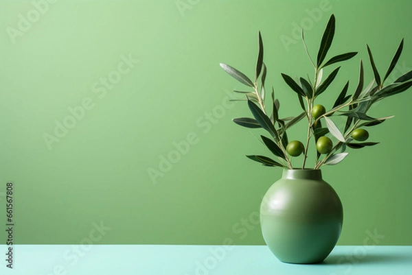Fototapeta Green olives in a vase on a blue and green background.Copy space. Composition with an olive branch on a green background.