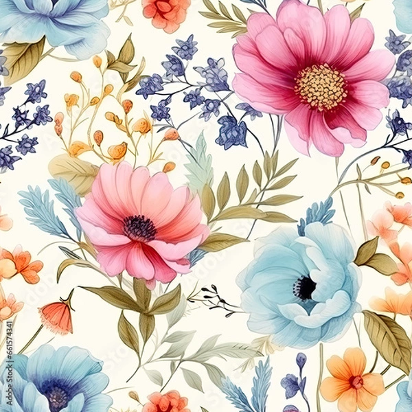 Fototapeta watercolor seamless floral pattern, seamless design floral pattern design for your card, fabric or stationery, in the style of realistic usage of light and color
