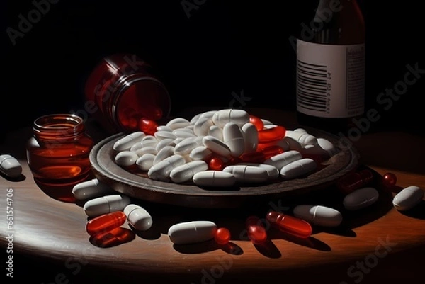 Obraz Heap of white pills and bottle on wooden table. Black background