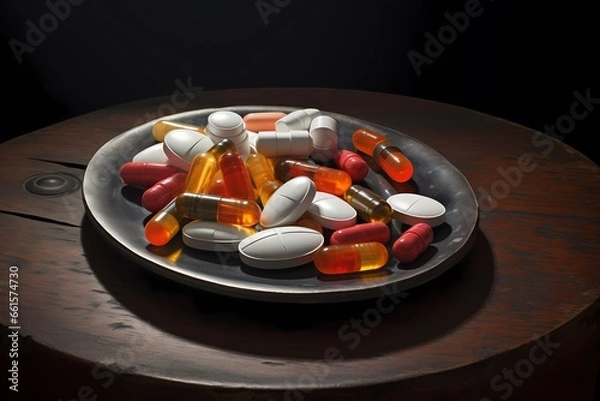 Obraz Pills and capsules on a wooden table