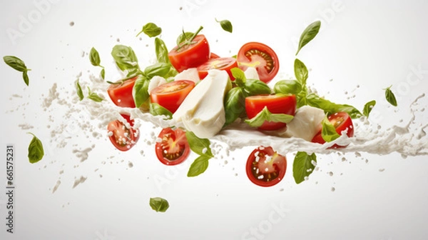 Fototapeta Mozzarella cheese balls, tomatoes and basil leaves for caprese salad flying on white background.