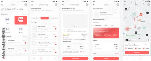 Fototapeta Car Parking, Truck Space Finder, Motorcycle and Bicycle Garage Mobile App Ui Kit Template