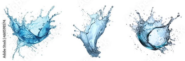 Fototapeta Water splash set isolated on transparent background, blue liquid crown wave swirl drops, shiny clear soda juice splashing fluids droplets, design element fresh drink, beverage, falling, pour bubbles