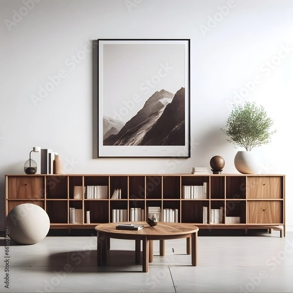 Fototapeta Imagine a minimalist living room, with a stunning wooden cabinet showcasing a collection of books and a striking poster frame against a clean white wall. 