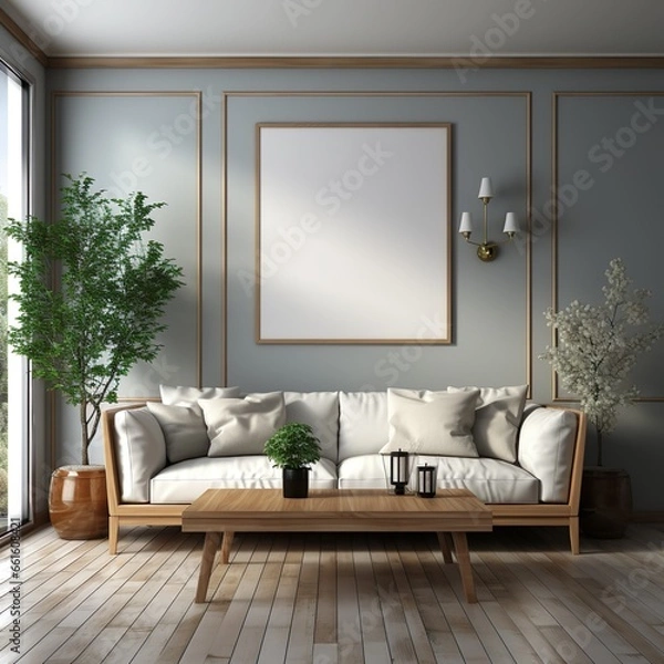 Fototapeta Contemporary luxury living room with hardwood flooring and cozy furniture.