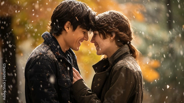 Fototapeta Close-up of a young couple laughing and enjoying a snowfall day. Autumn love concept