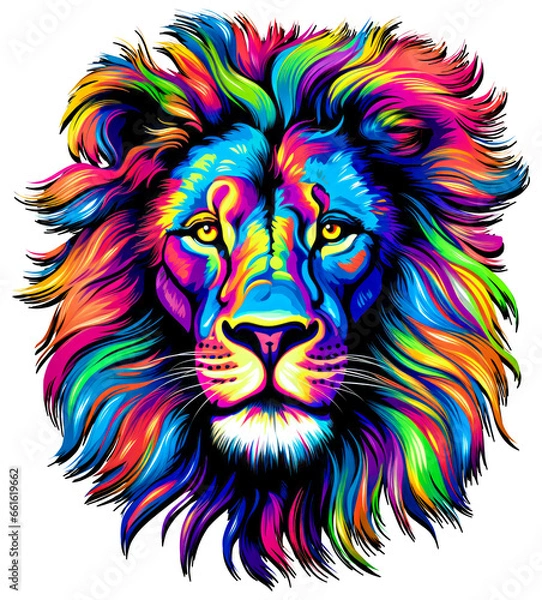 Obraz The lion in bright color with colorful hair, in the style of vibrant color 