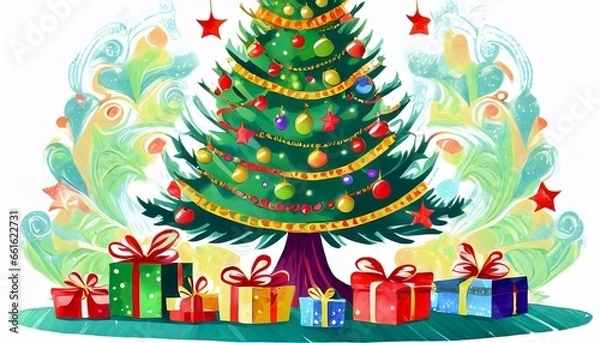 Fototapeta Christmas tree and gifts, beautiful card with place for text, banner and screensaver