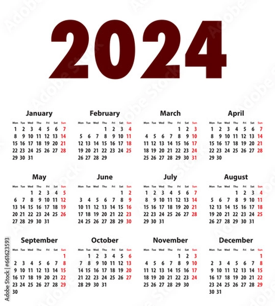 Fototapeta English Calendar grid bold digits for 2024. MF