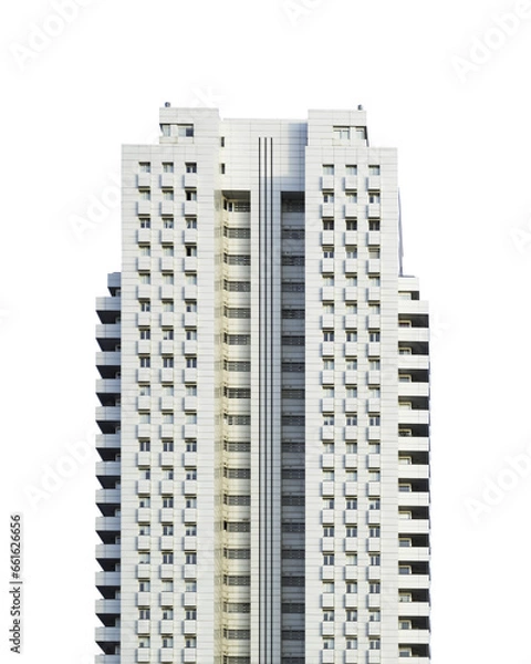 Fototapeta Front view of a white modern skyscraper perfect symmetry with blue sky and copy space. Transparent background