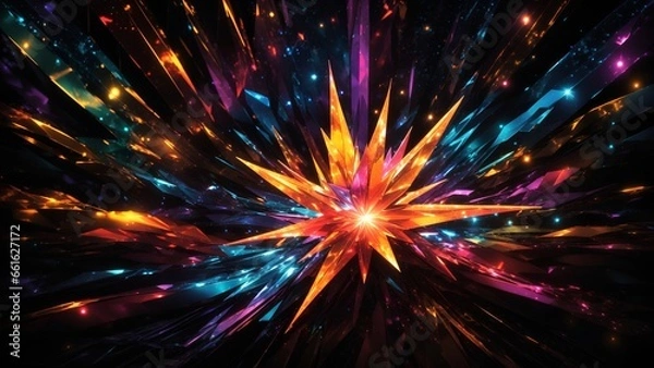 Fototapeta A celestial wonder emerges, a newborn star bursting with a kaleidoscope of vibrant hues and shimmering light, set against the inky depths of the unknown.

