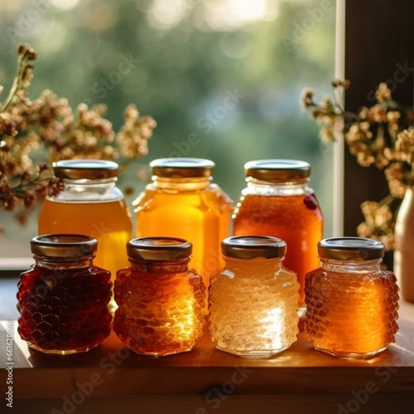 Obraz Honey in glass jars on a wooden shelf in a rustic kitchen