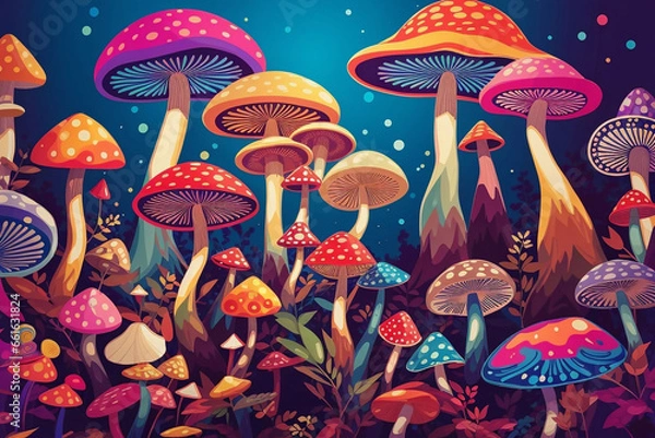 Fototapeta Magic mushrooms, psychedelic hallucination, vibrant vector illustration, 60s hippie colorful background, hippie and boho texture, trippy wallpaper