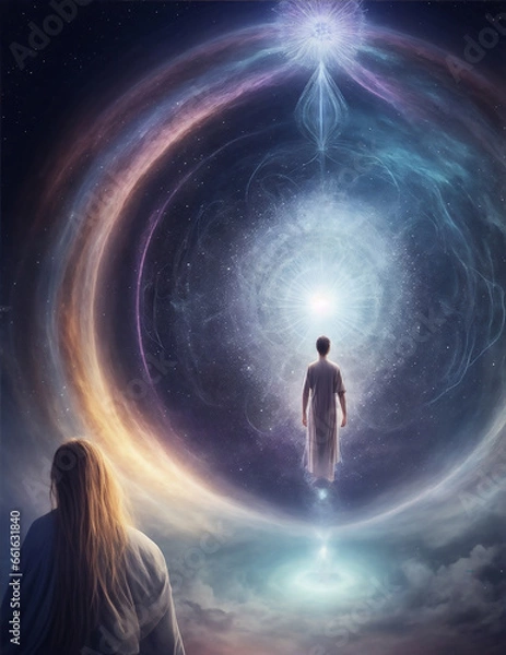 Fototapeta Mystery woman time traveler standing in-front of a giant circular portal, another dimension, power, interstellar vortex, spiritual dimensions, spiritual enlightenment, astral body, astral projection