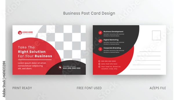 Fototapeta Post Card Template Layout. Red Corporate business postcard or EDDM postcard design template. Postcard Layout with Curve Elements in Red and Black Accents
