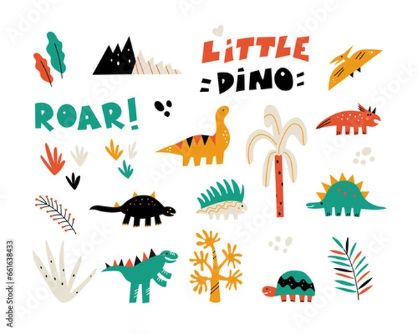 Fototapeta Vector illustration with cute little dinosaur design elements isolated on white background.
Icon set with dinosaurs, plants and lettering in bold colors.
