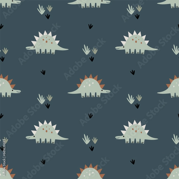 Fototapeta Vector seamless pattern with cute green dinosaurs. Modern design for fabric and paper, surface textures. Bold colors design on dark grey background.