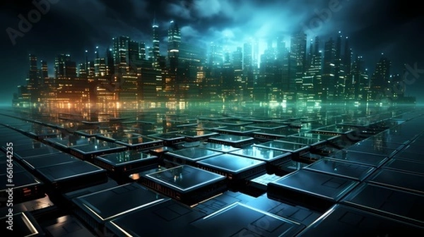 Fototapeta Futuristic City with glowing Circuit Lines, Generative AI