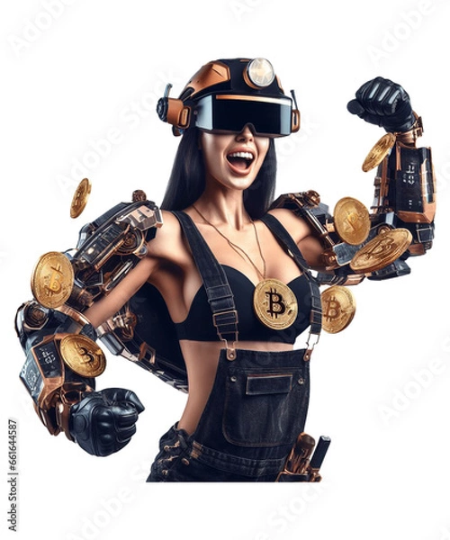 Obraz Young lady wearing Bitcoin mining gear mining Bitcoins with robotic arms and augmented virtual reality headset, with a big smile. She is covered in Bitcoins with a big "B" on the coins.