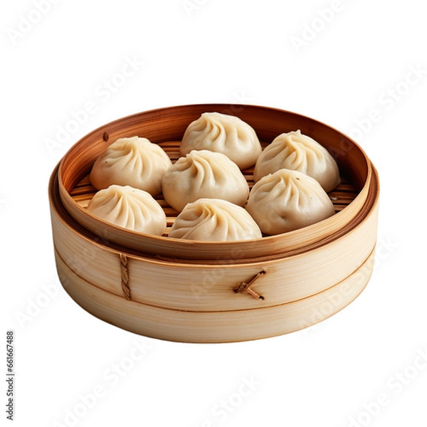 Obraz steamed Bao small dumpling in bamboo basket isolated on white background, ai generated