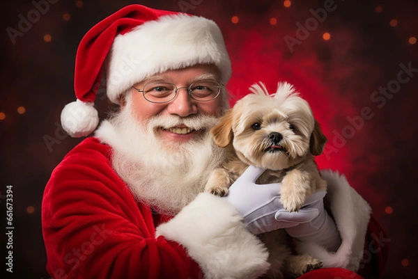 Fototapeta Photoshoot of a hyper realistic Santa Claus and a cute puppy with red background | Christmas holidays | Stock photography of Santa Claus for Xmas | December 25th | Fictional Characters | Merry