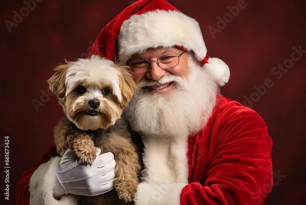 Fototapeta Photoshoot of a hyper realistic Santa Claus and a cute puppy with red background | Christmas holidays | Stock photography of Santa Claus for Xmas | December 25th | Fictional Characters | Merry