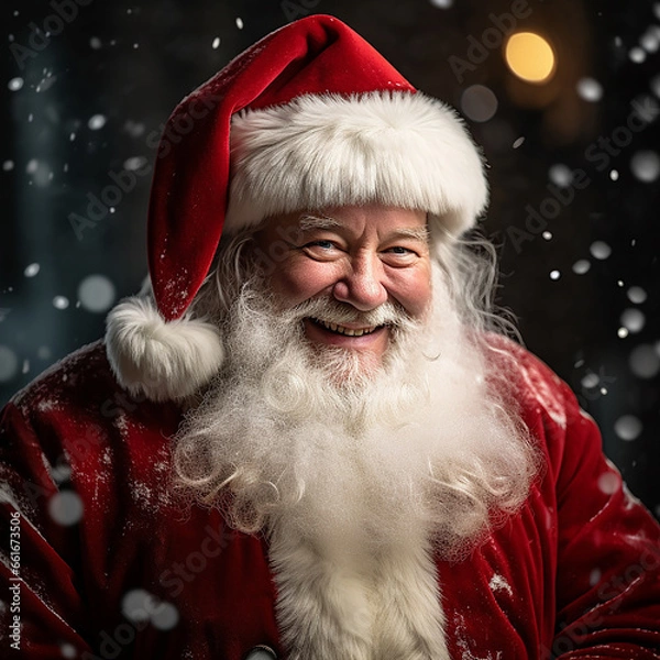 Fototapeta Photoshoot of a hyper realistic Santa Claus in classic red costume in portrait mode | Santa Claus Smiling | Christmas holidays | Stock photography of Santa Claus for Xmas | December 25th 