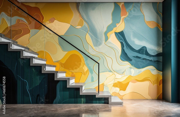 Fototapeta a stairway mockup with abstract designs, in the style of dark yellow and green,