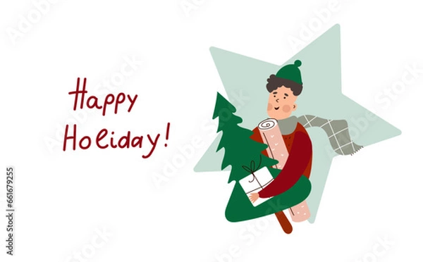 Fototapeta Happy Holiday. Fun man holding presents for his family and a new year tree. Vector flat cartoon illustration on white background.