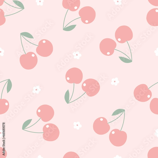 Obraz Red cherries on a pink background seamless pattern fruit background for printing, wallpaper decoration vector illustration
