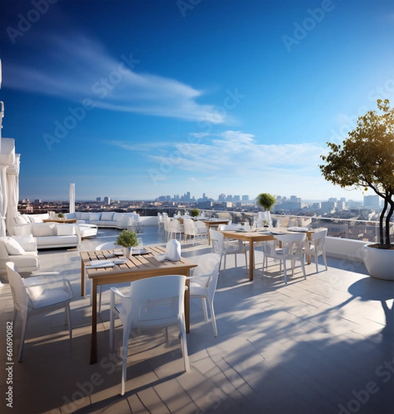 Fototapeta A rooftop restaurant terrace, designed with Scandinavian minimalism in mind, presents an array of tables and chairs in immaculate white