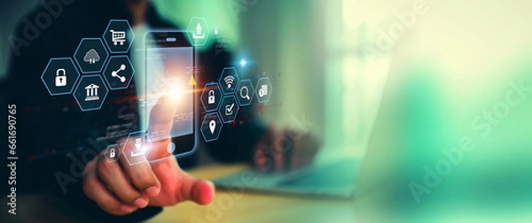 Fototapeta Digital marketing with graph and social media technology for growth planning or internet mobile banking bill payment or online shopping or financial cyber security and customer service concept.