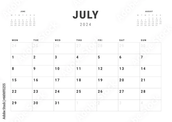 Fototapeta Monthly page Calendar Planner Templates of July 2024. Vector layout of simple calendar with week start Monday for print. Page for size A4 or 21x29.7 cm