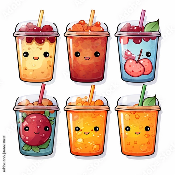 Obraz Fruit smoothies in plastic cups with straws. Vector illustration.