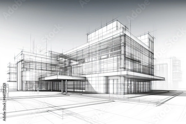 Fototapeta Sketch design of wireframe of building. Digital project visualization.
