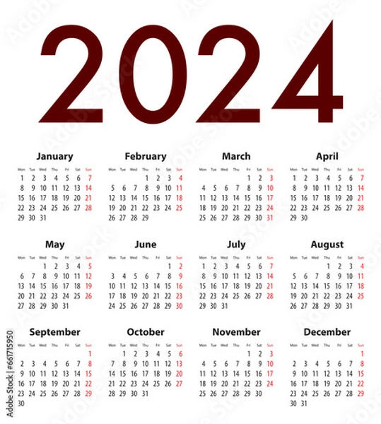 Fototapeta English Calendar grid regular digits for 2024. MF