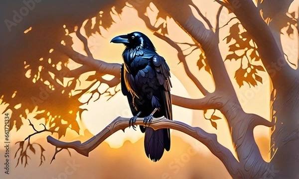 Fototapeta Raven Perched on a Branch: Isolated, Transparent Background, Created with Generative AI