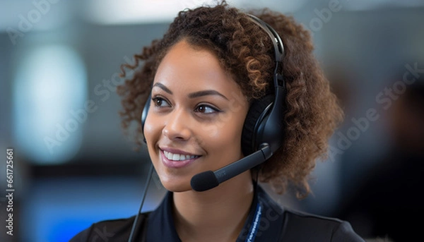 Fototapeta Curly-Haired Customer Support Representative in Conversation Through Headset