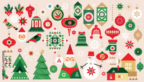 Obraz Merry Christmas and Happy New Year 2024  holiday   set icons  for design banner, poster, card, cover  Gifts, Santa, ball toy, christmas tree, snowflake   Modern Xmas flat cartoon  vector illustration