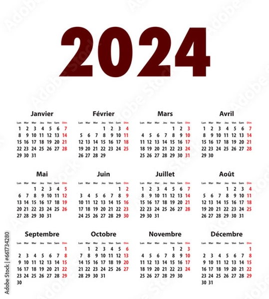 Fototapeta French Calendar grid bold digits for 2024. MF