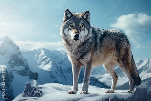 Fototapeta wolf standing in the snowy mountains