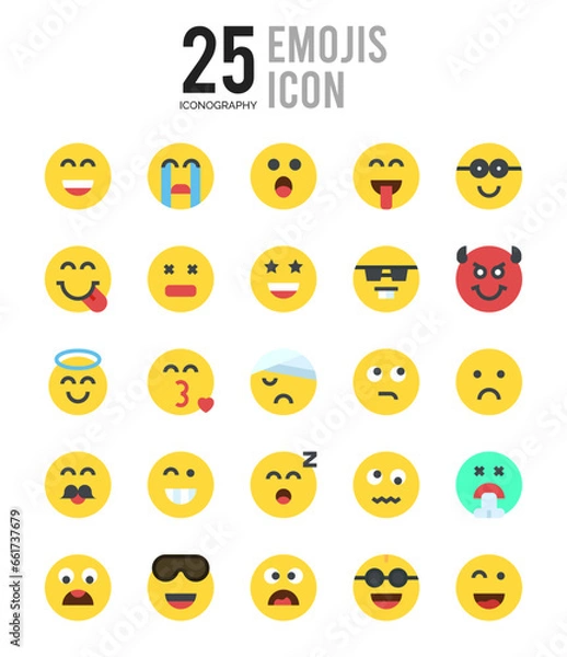 Obraz 25 Emojis Flat icon pack. vector illustration.