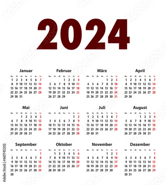 Fototapeta German Calendar grid bold digits for 2024. MF