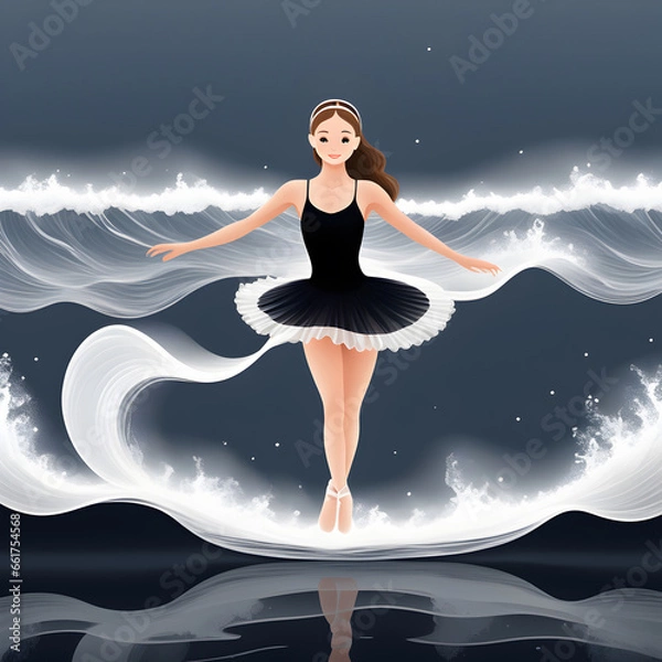 Fototapeta Young ballerina girl dancing along the sea water, wave form., vector line style. ai generative