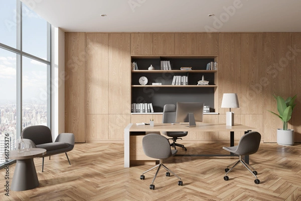 Fototapeta Wooden office interior with work desk, chill zone and panoramic window